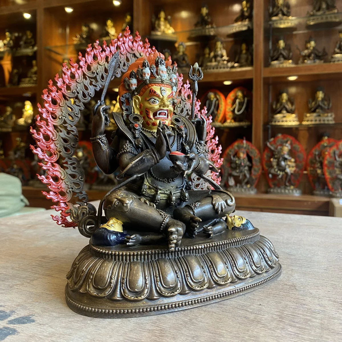 Handmde Buddha statue Rare Four-Armed Maha kala copper carving buddha Mighty Power Maha-ga-la Buddhist lama monk worship altar