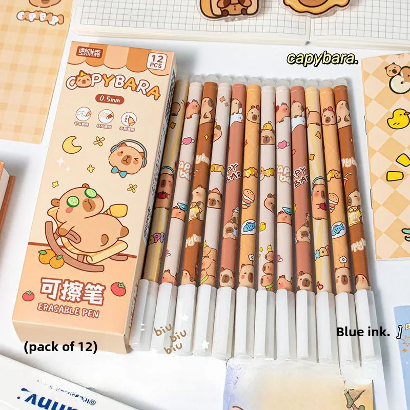

12Pcs/Lot Cute Erasable Neutral Pens Cartoon Capybara Panda Gel Pen 0.5mm Blue Ink Students Writing School Office Stationery
