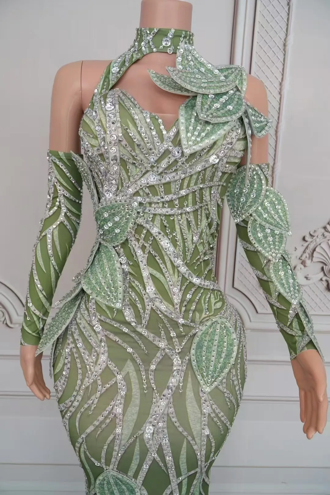

Dress Rhinestone Long Dress With GlovesWomen Sexy Celebrate Evening Prom Birthday DressSinger Show Stage Wear D264