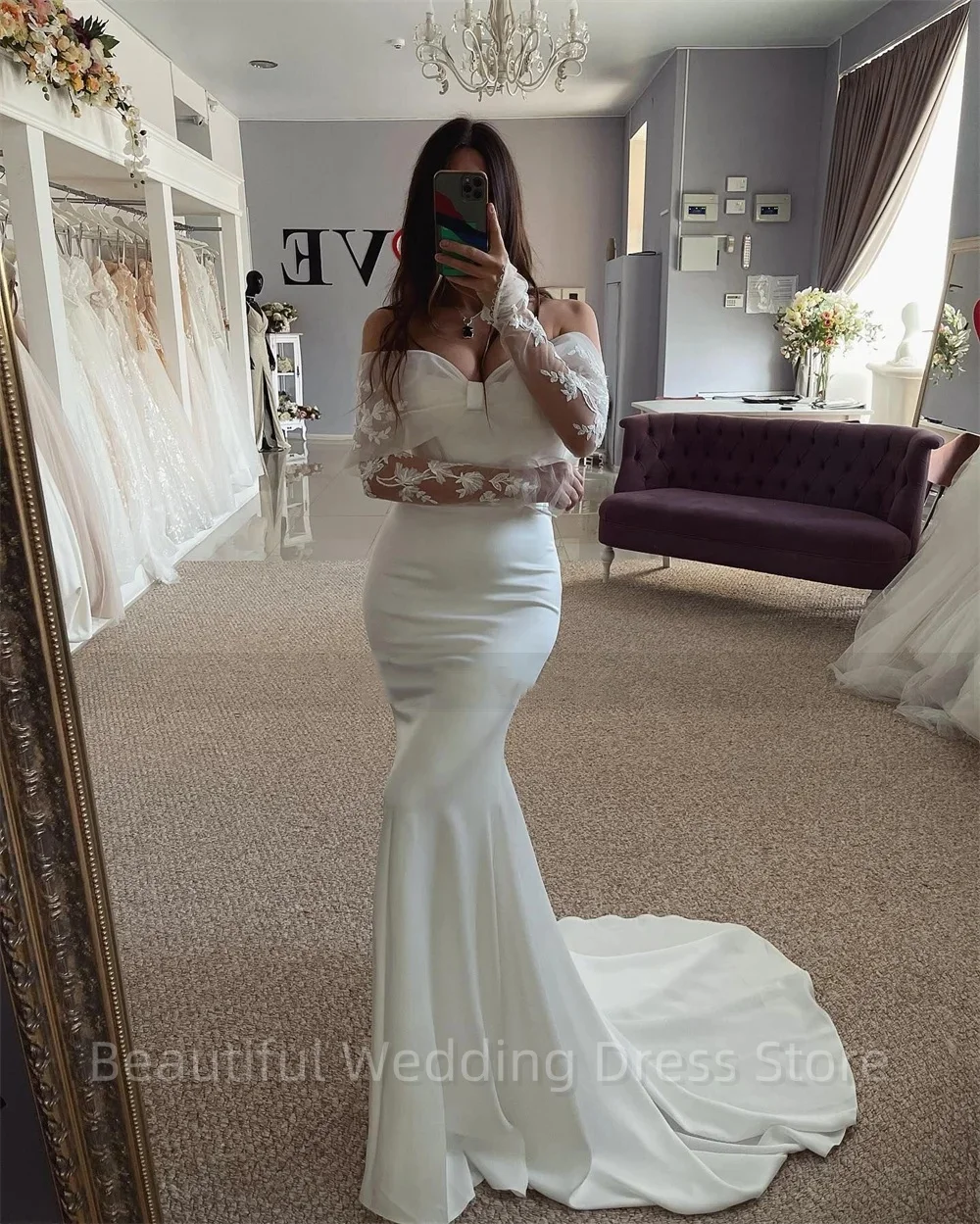 Vintage Mermaid Wedding Dresses Women Long Detachable Sleeve Lace Off Shoulder Wedding Gowns Belt Bride Dress Vestidos De Noiva