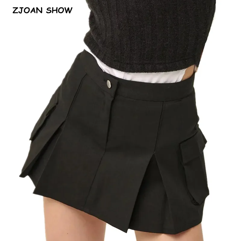 2023 Y2K American Retro Women Black Ruched Pleated High Waist Mini Skirt Side Pockets A-line Short Saia Skirt Cool Girl