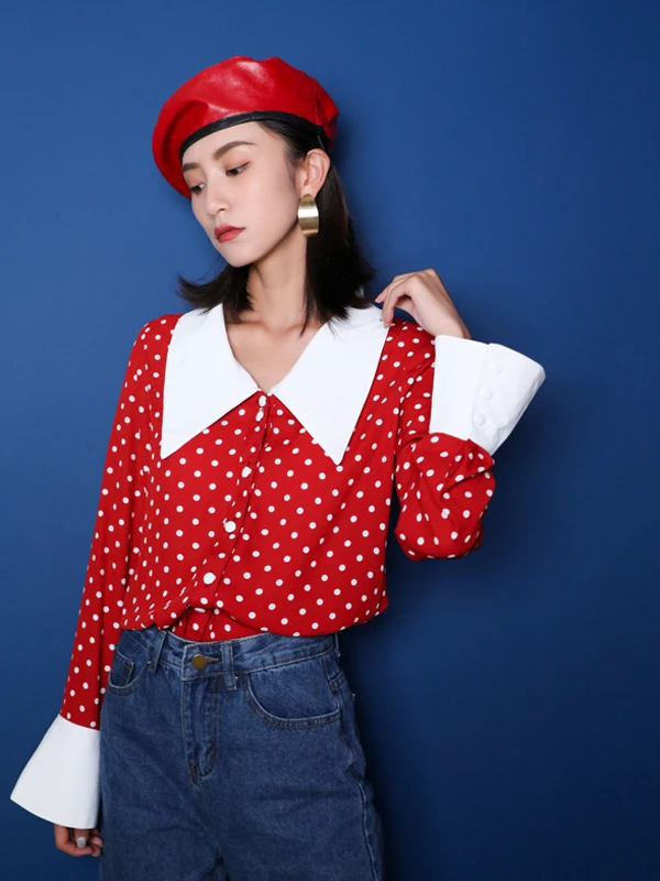 

Red Polka Dot Doll Collar Long Sve Loose Chiffon Retro Top Women's irt Autumn Faion New Sle Spring Autumn Season