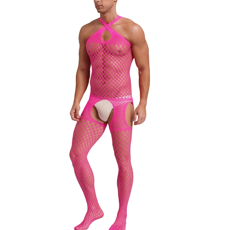 Hot Pink Jumpsuit for Men Open Crotch Bodystockings See Through Cutout Bodysuits Husband Nightwear Sexy Fetish Male Clothes