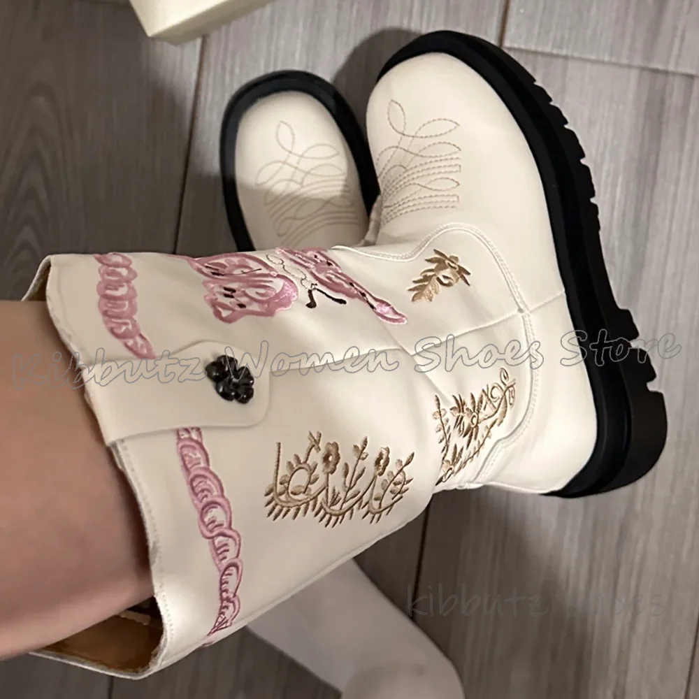 

Embroider Cowboy Boots Knee High Vintage Fashion Elegant Concise Sexy Luxury Round Toe Height Increasing Slip-On Women Shoes New
