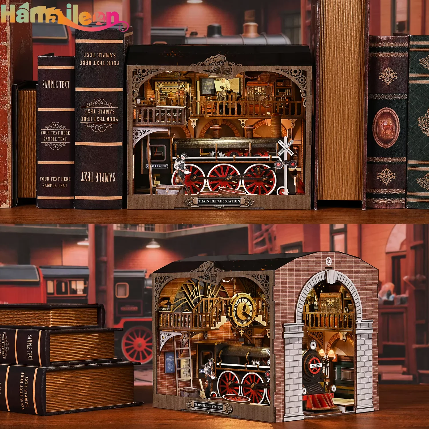 Hamaileon ใหม่ DIY ของเล่น House ชั้นวางหนังสือเครื่องประดับของสะสม Book Nook ของขวัญสําหรับผู้ใหญ่และวัยรุ่น (สถานีซ่อมรถไฟ)
