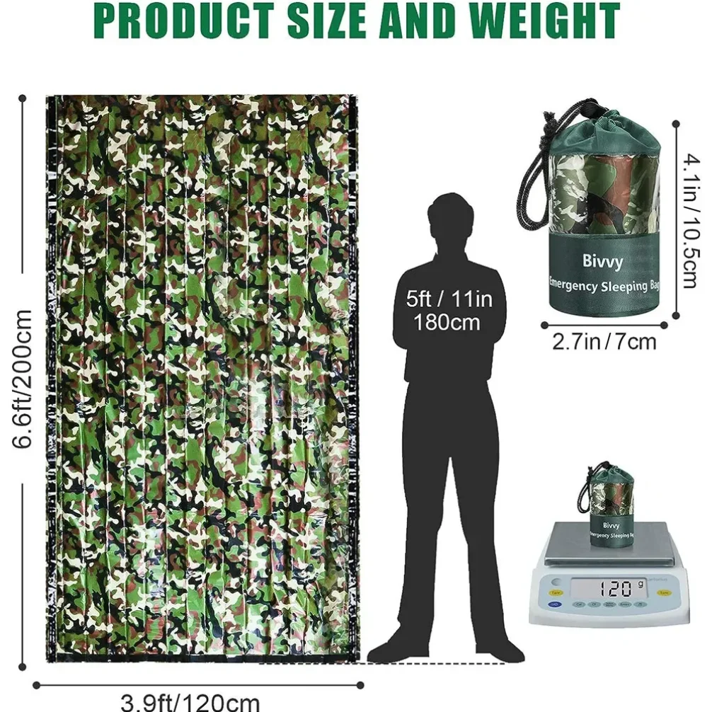 PE Emergency Sleeping Bag Camouflage Waterproof Portable Survival 120x200cm Sleeping Bag for Outdoor Camping Hiking Adventure