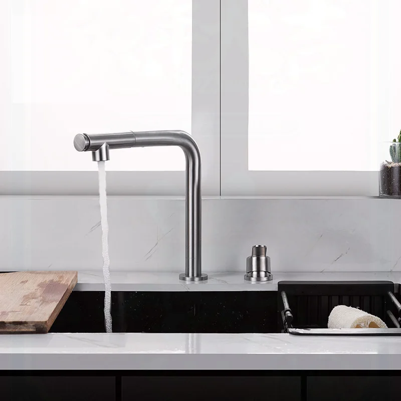 Imagem -03 - Misturador Telescópico Sink Tap 360 Giratória Frio Hot Waterkitchen Faucet Pull Out Pulverizador Elevação Escondida Double Hole Split