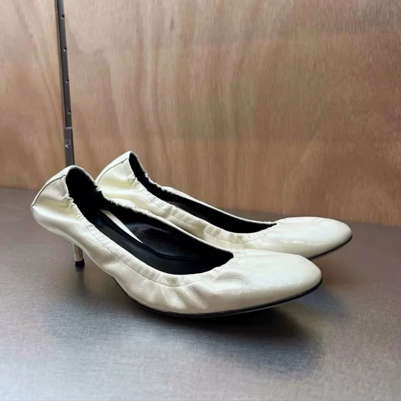 Women's Ivory Leather Ruched Round Toe Kitten Heel Pumps Elegant Retro Classic Design Ladies Office Street Shallow Single Shoes