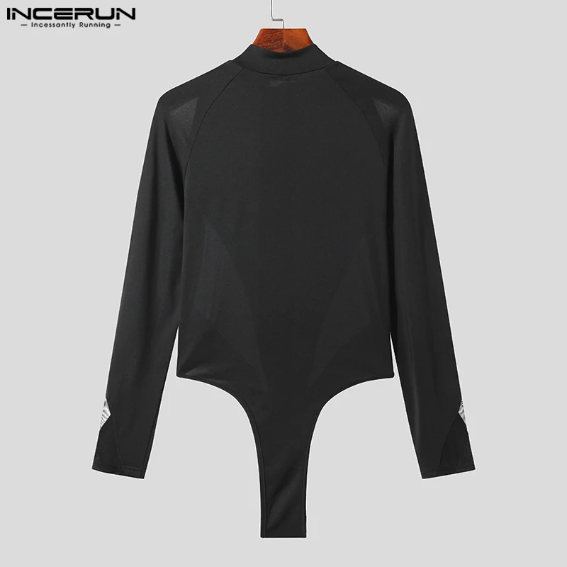 INCERUN Men Bodysuits Mesh Patchwork Transparent V Neck Zipper Long Sleeve Male Rompers Streetwear 2024 Fashion T Shirt Bodysuit