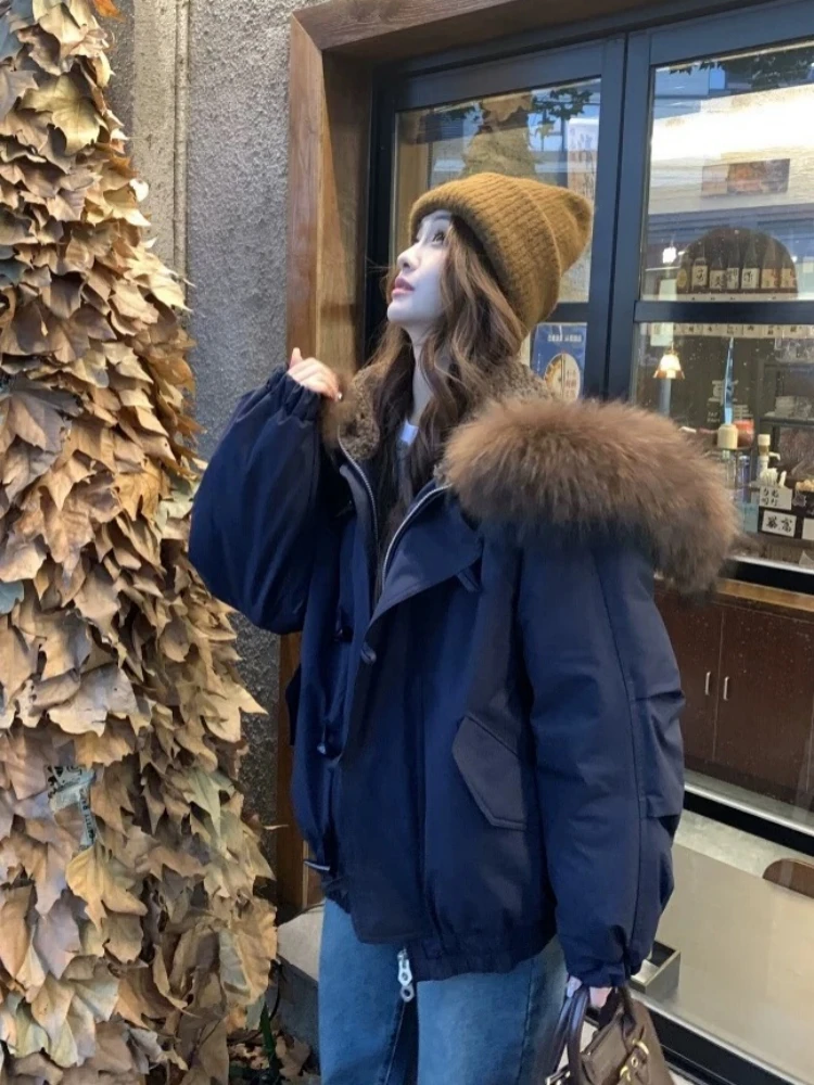 Retro Parka Damska z Guzikami, Luźna, Bawełniana, z Kołnierzem z Imitacji Futra, Ciepła Odzież Wierzchnia, Koreański Styl, Duże Rozmiary, Modny Płaszcz Zimowy