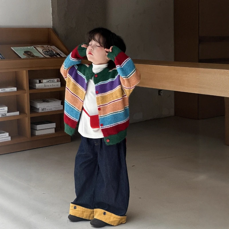 

2025 Autumn Vintage Decoration Rainbow Stripes Lazy Style Knitted Sweater Jacket for Boys and Girls