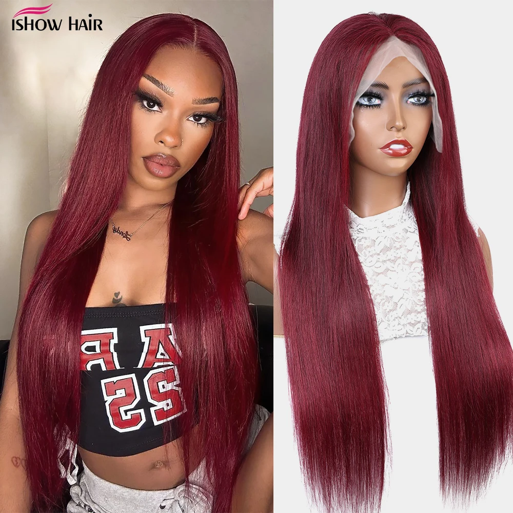 99J Straight 4x4 Lace Closure Wig Burgundy 13x4 13x6 Transparent Lace Front Human Hair Wigs For Women Pre Plucked Remy Hair