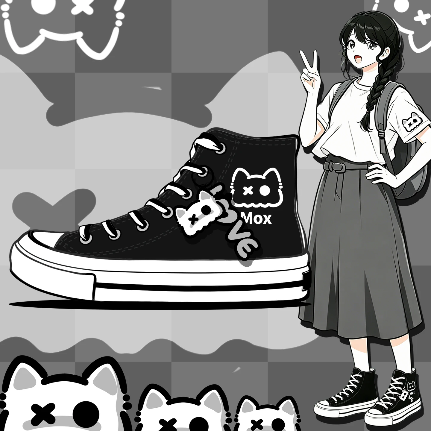 Amy and Michael Women Cute Cartoon Cat Charm High Top Canvas Shoes Black Laceup Sneakers Y2K Kawaii Girls Casual Walking Shoes