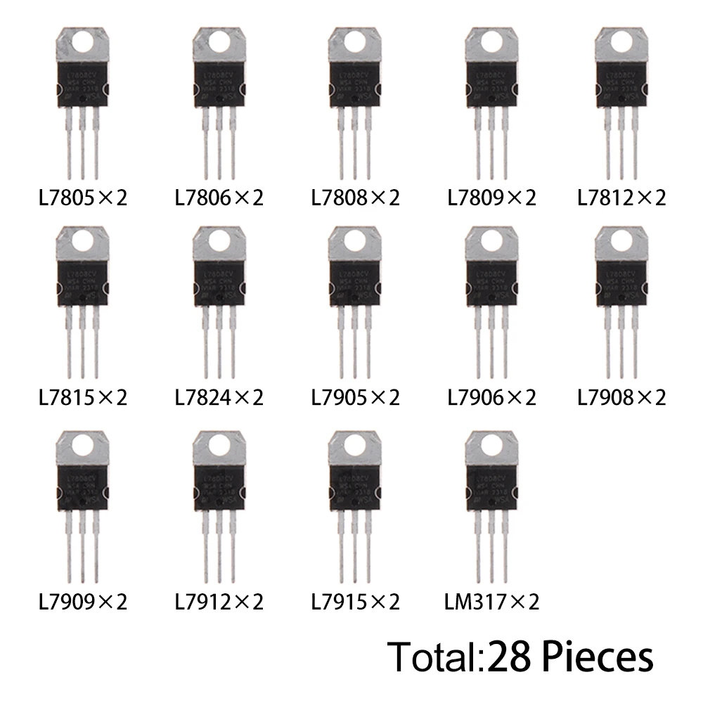 28PCS 14Values TO-220 Transistor Kit (L7805/L7812/LM317 etc.) Voltage Regulator for Industrial Power Supply DIY Project L7805