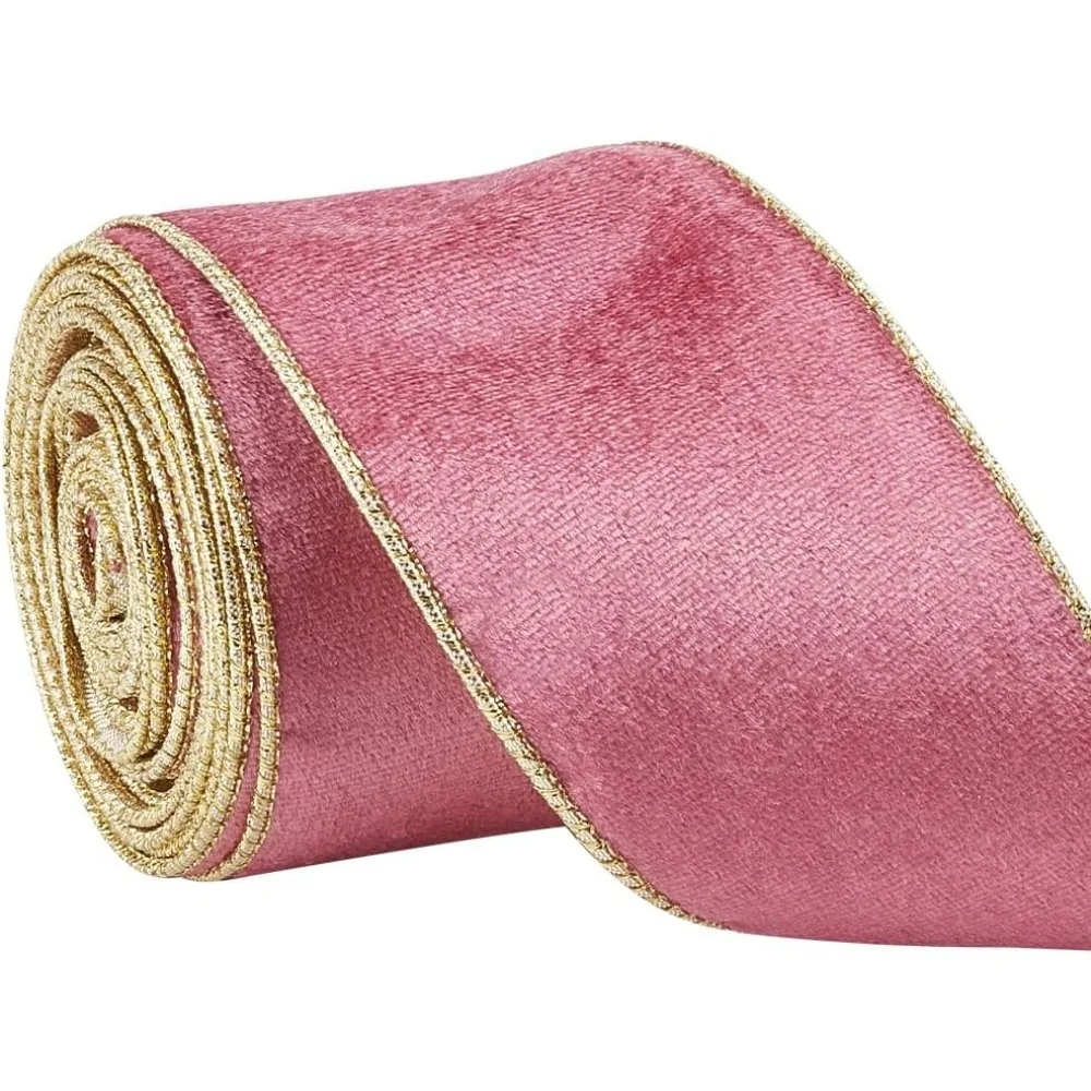 1 Bündel 10 Yards rosafarbenes Samtband mit Gold-Metallic-Rückseite, 6,3 cm großes Weihnachtsband, verdrahtetes, zerkleinertes Samtband