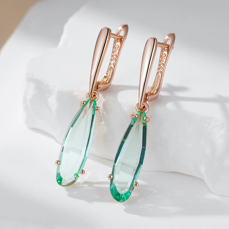 Kinel Fashion Unique Green Stone Long Drop Earrings for Women Geometry Natural Zircon 585 Rose Gold Color Daily Vintage Jewelry