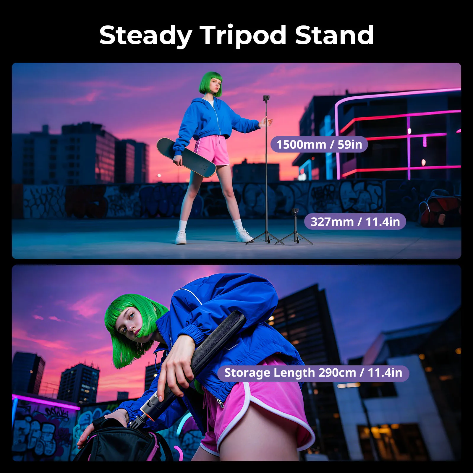 حامل ثلاثي عصا سيلفي مقاس 59 بوصة لـ GoPro Hero 12/11/10/9، لـ DJI Action 4/5 Pro لكاميرا Insta360 X4/X5 البانورامية -5284