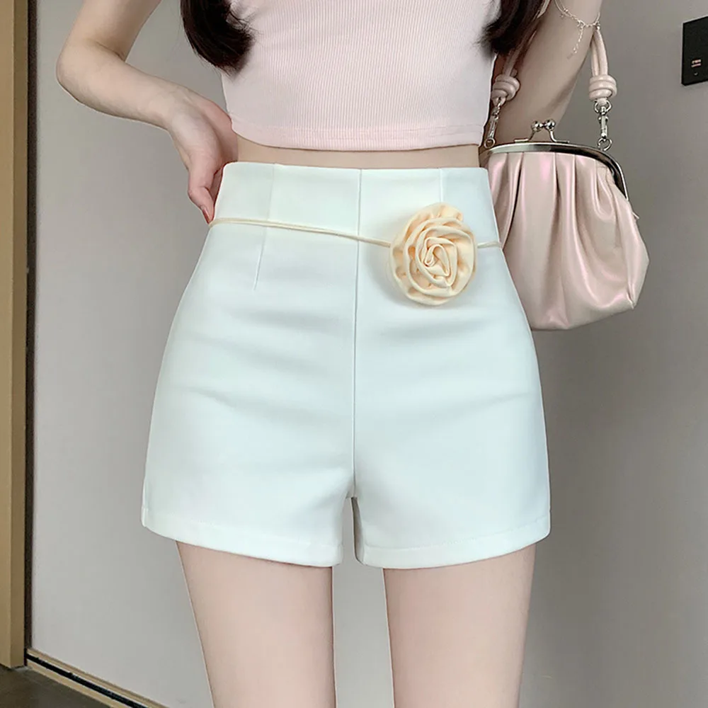 Slim Sheath Sexy Solid Color Short Pants Three-Dimensional Flower Casual Shorts Women's 2024 Spring Summer High Waist New Shorts