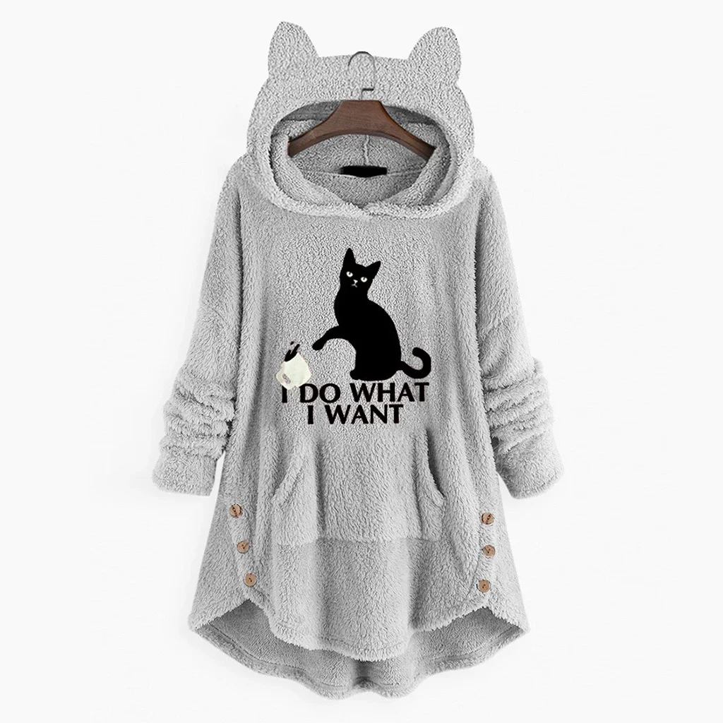 Cozy Cartoon Cat Ears Fleece Winter Pajamas Hoodies for Women Hooded Sweatshirts Long Sleeve Lady Pullovers Tops