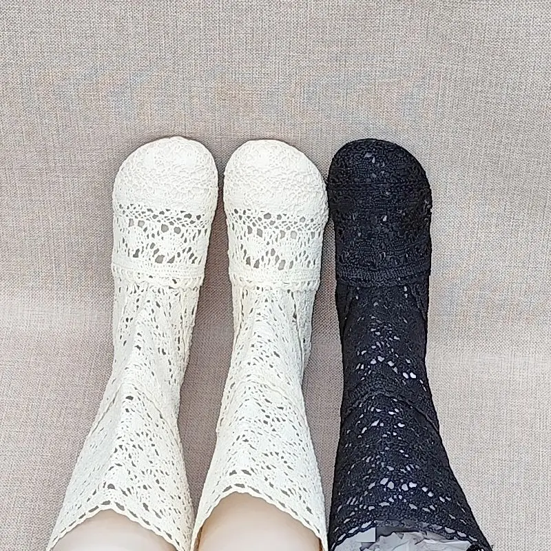 Women Summer Hollow‑out Crochet Knee High Boots Boho Lace Breathable Flat Heel Long Boots Casual Daily Wear Ladies Fashion Slip‑