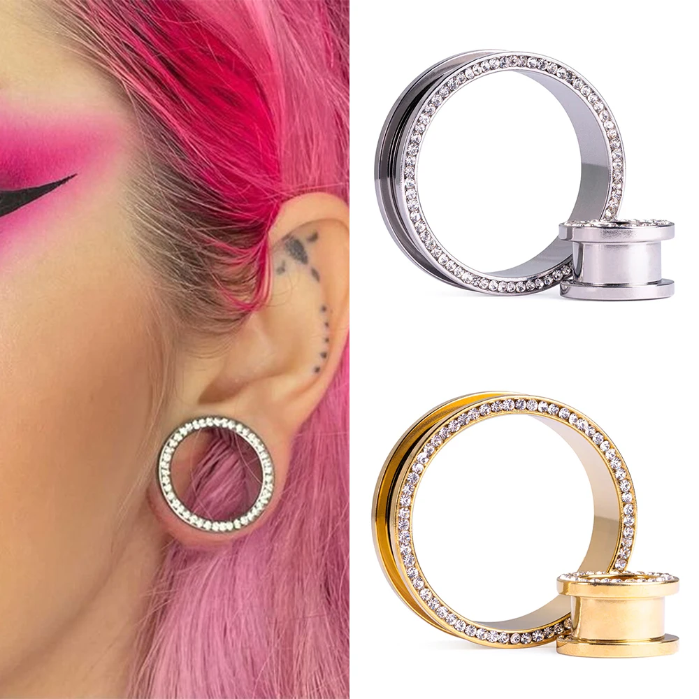 Doearko 2PCS New Stainless Steel CZ Ear Gauges Plugs Tunnels Stretcher Piercing Women Body Jewelry