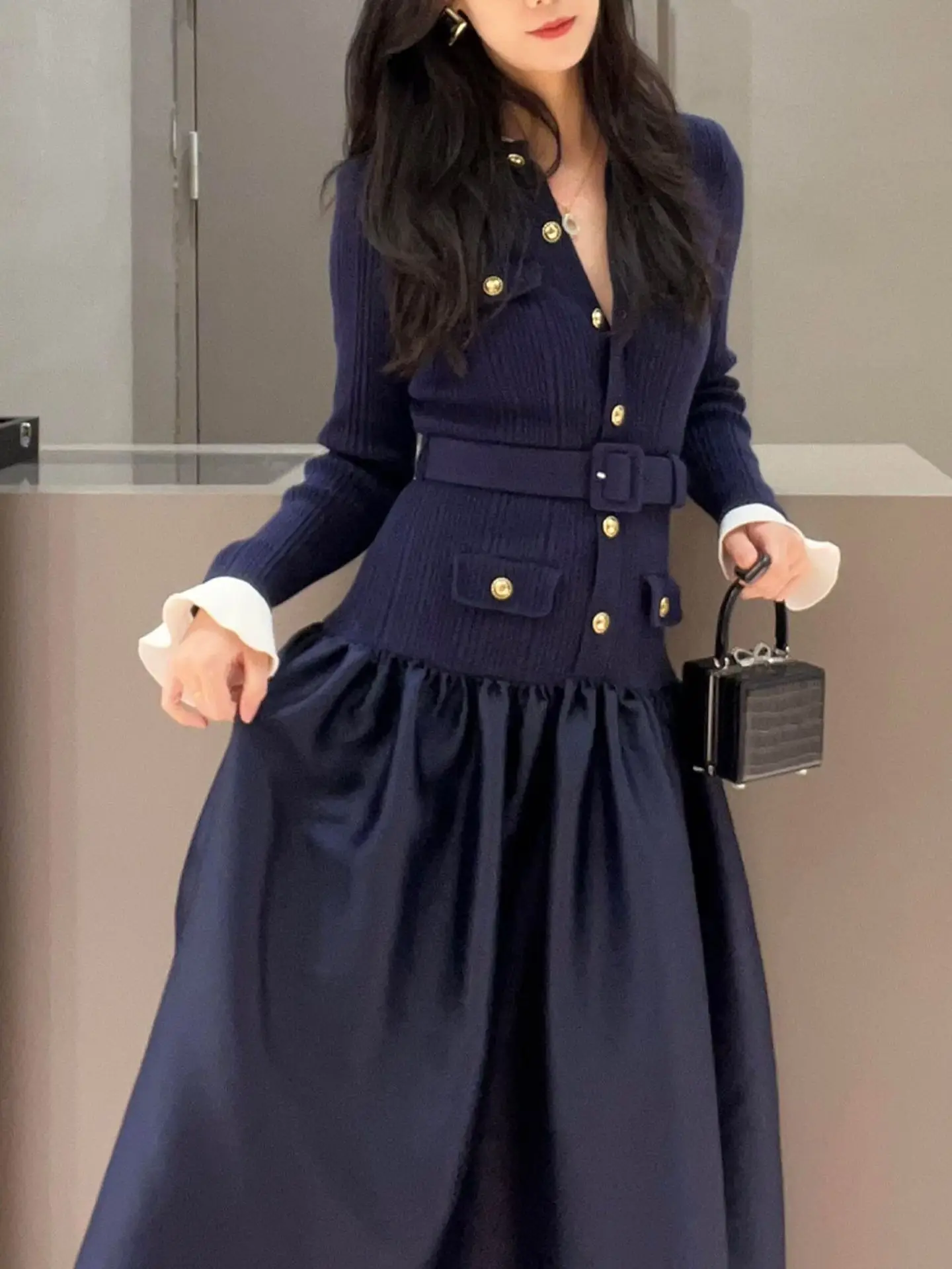 

Deep Blue Knitted Patchwork Long Dress Fake Two-Piece Elegant Slimming Spring Fashion for Women's Work Wedding Party CityWalk
