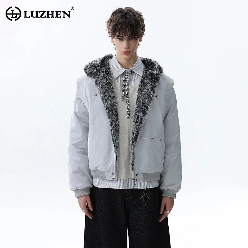 LUZHEN 2025 الشتاء أنيق فو الفراء المرقعة مقنعين سترة سترة الرجال بلون وسيم سميكة الدافئة معطف مبطّن JY5140