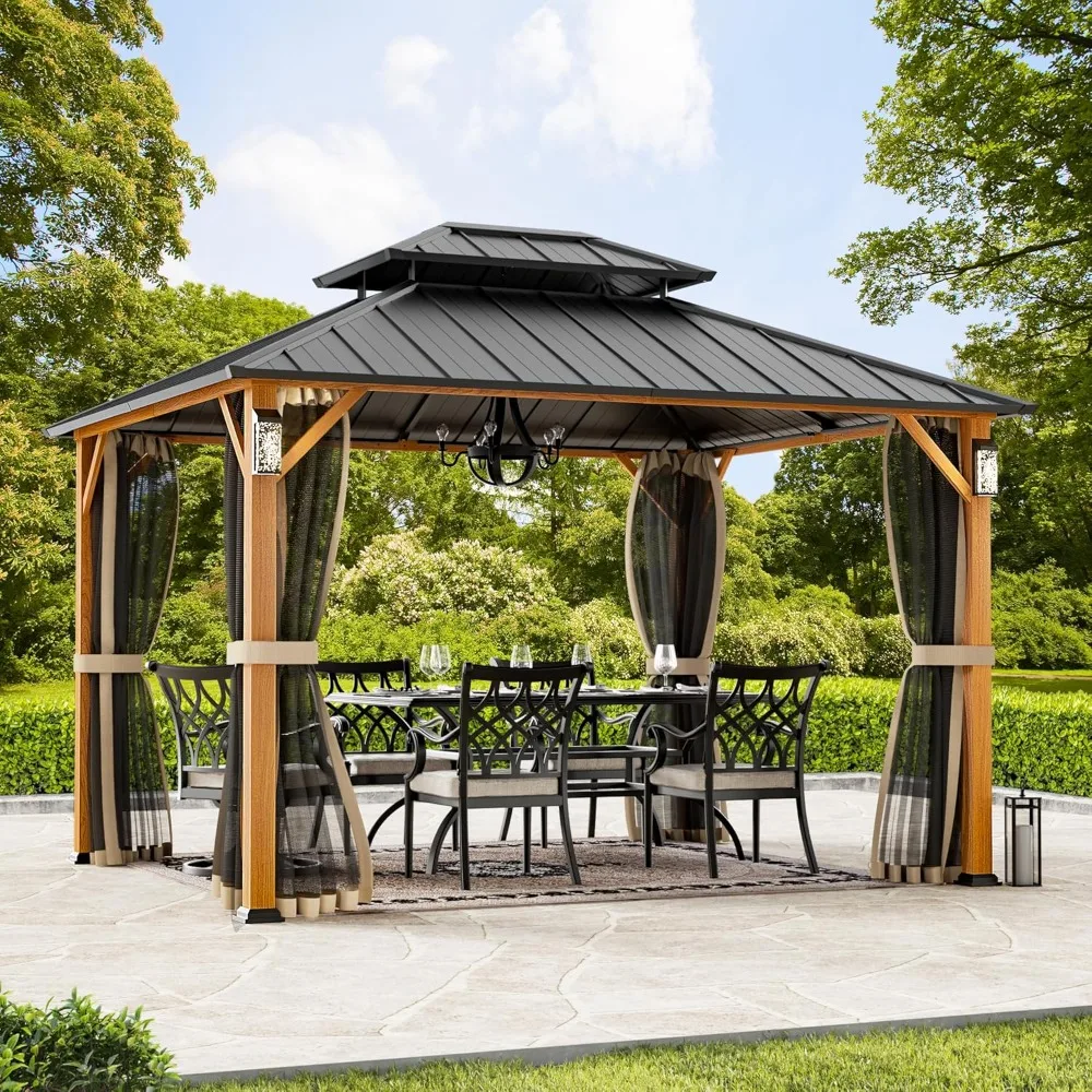 

10' X 12' Hardtop Gazebo W/ 4 LED Lights, Outdoor Gazebos W/Galvanized Steel Double Roof, Patio Gazebo W/Decor Hooks