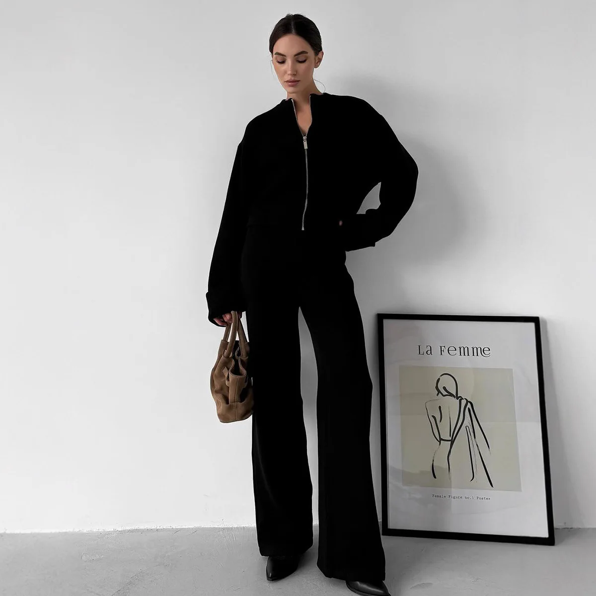 Knitted long sleeved wide leg pants set European and American 2026 autumn and winter zipper jacket pants casual set