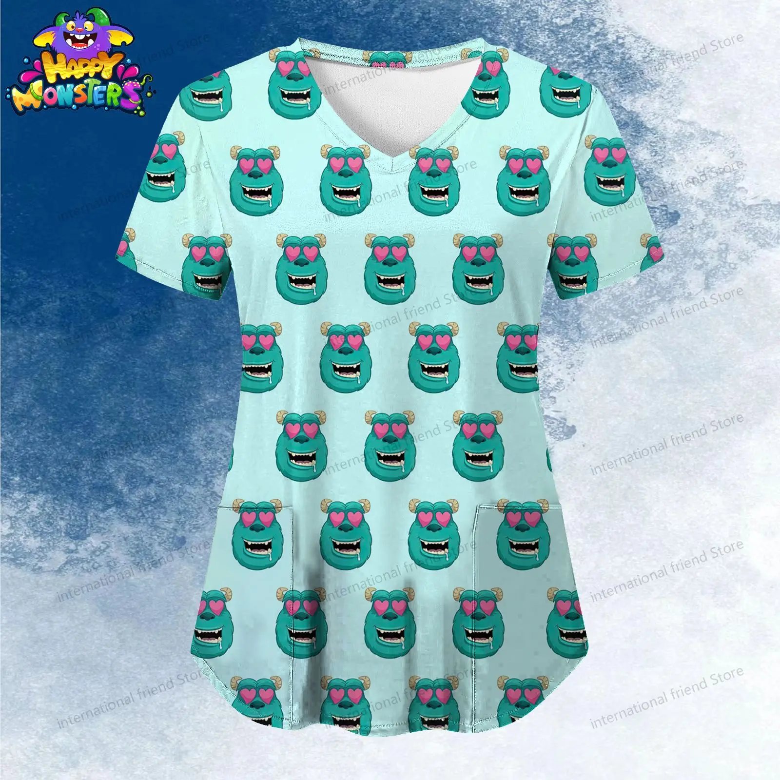 Pocket Monsters Inc. Women's V Neck Nurse Uniform T-Shirt Summer Cheap Top Tshirts Dames 2024 S-2XL New Dress Kawaii Y2k