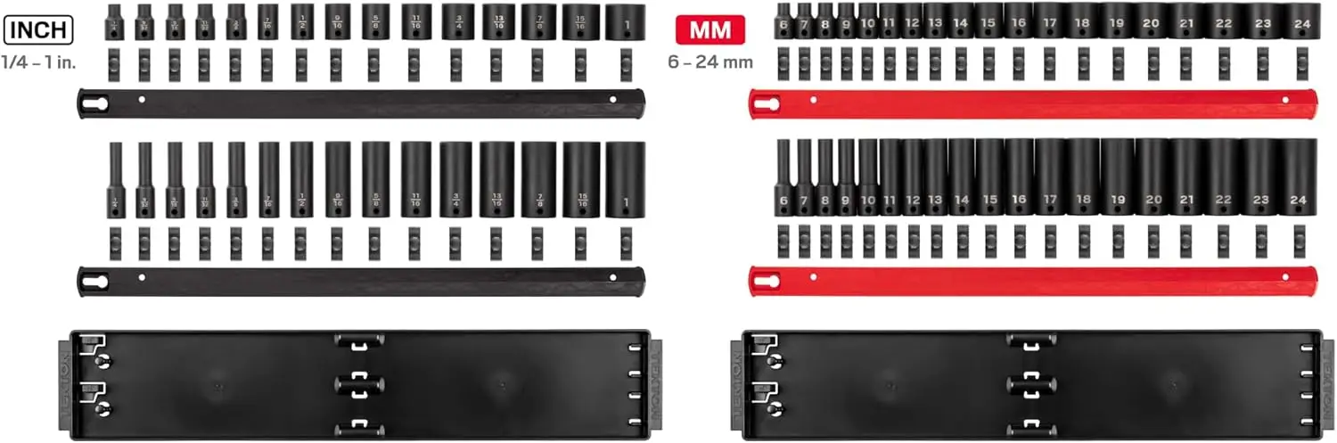 3/8 Inch Drive 12-Point Impact Socket Set With Rails, 68-Piece (1/4-1 In., 6-24 Mm) | Sid91219