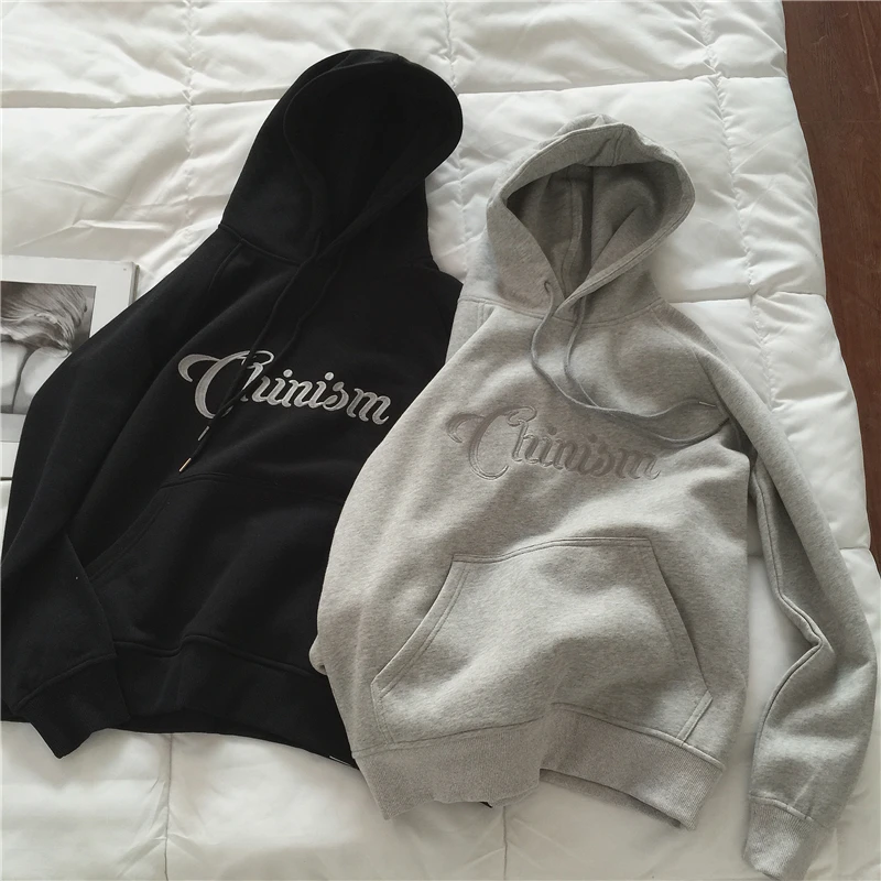 Autumn Sweater Hoodie/Grey/Black Letter Embroidered Plush Hoodie Coat Streetwear Women