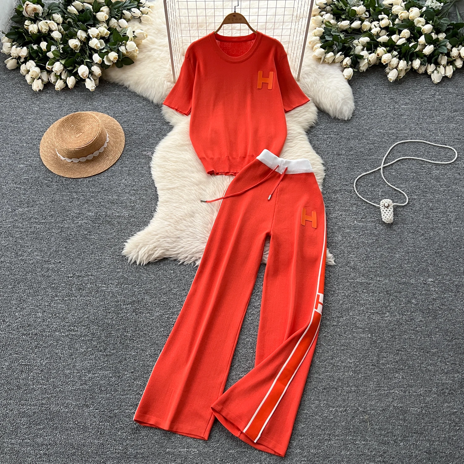 

Chic Elegant Embroidered Knit loose print sweet Vacation Party office lady Women Summer fairycore Two Piece Set
