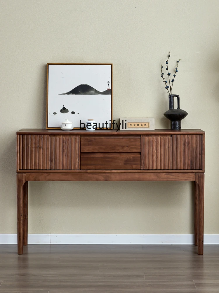 Nordic Black Walnut Wood Hallway Cabinet Solid Wood Console Tables Simple Long Cabinet Chinese Style Lobby Aisle Side Cabinet