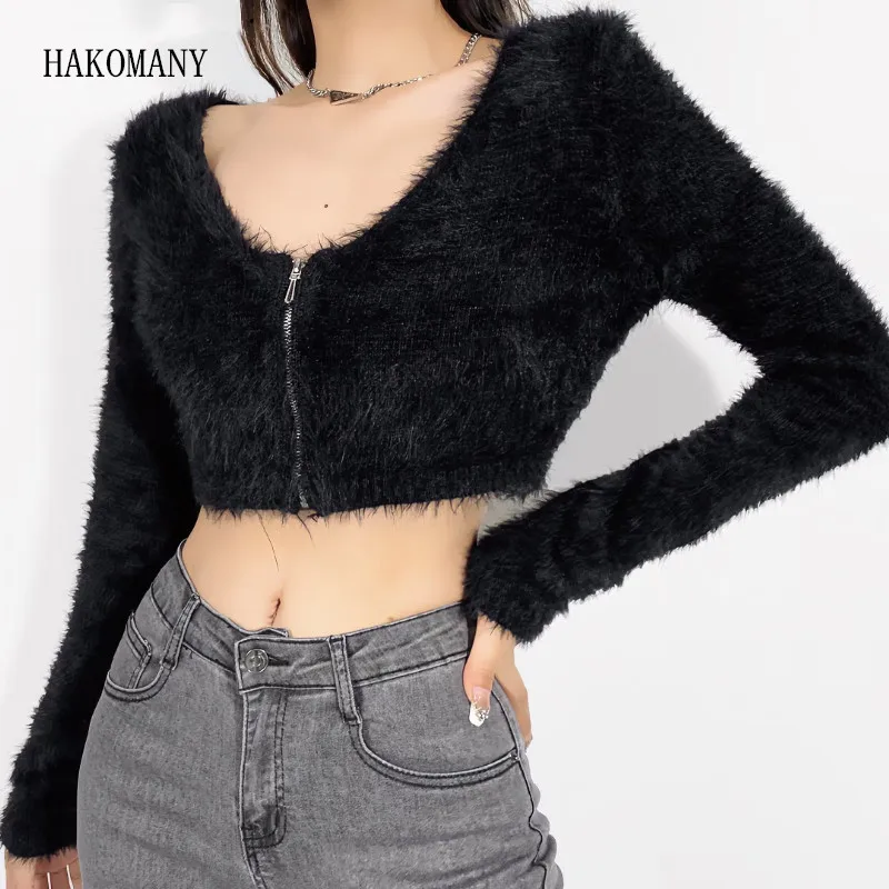 2023 Women Zipper Sweater Full Sleeve Jumper Black Autumn Vintage V neck Knitting Crop Long Hairy Shaggy Crop Cardigan