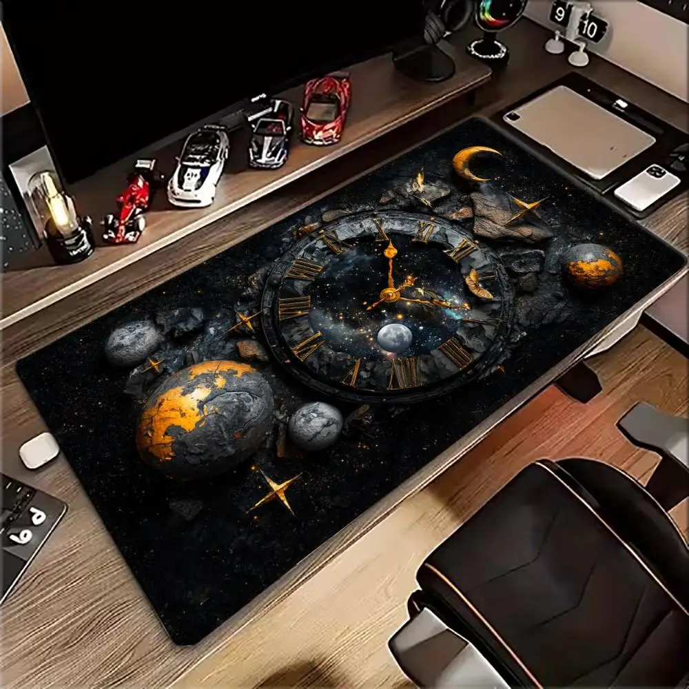 Large XXL Gaming MousePad Desk Mat Keyboard Pad Golden Vintage Roman Clock Planet Galaxy Dark Space Texture Non Slip Rubber Base