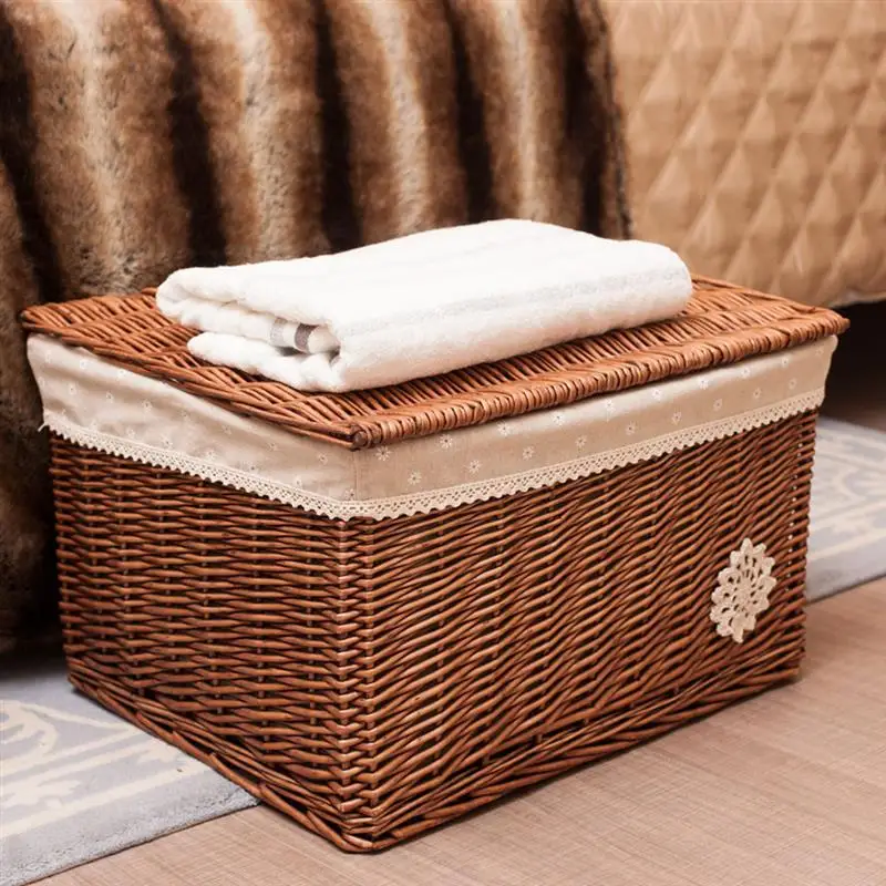 Wicker Basket Rectangular Woven Basket With Lid Countertop Storage Baskets Organizer Rattan Woven Basket Storage Container