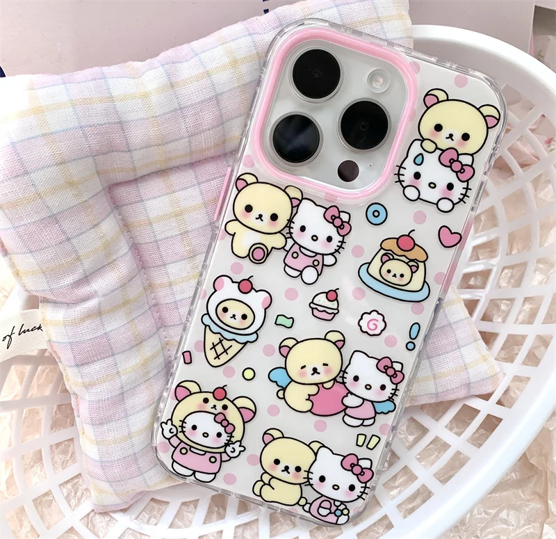 Cute Strawberry Cake Hello Kitty Bear KT Phone Case For iPhone 13 12 14 15 16 Pro Max 3D Cartoon Ice Cream Bow KT Protect Cover