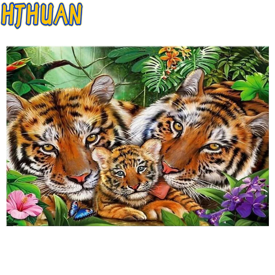 3D Diamond Painting of Tiger Family, Round Rhinestones, Diamond Embroidery, Cross Stitch, DIY