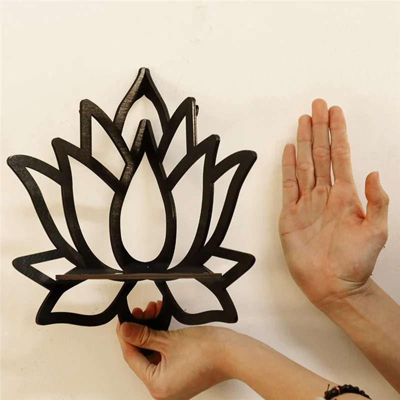 

1 PCS Lotus Corner Shelf Wooden Wall Mount Floating Shelf Black Wooden For Bedroom Book Room Decor-ABQU