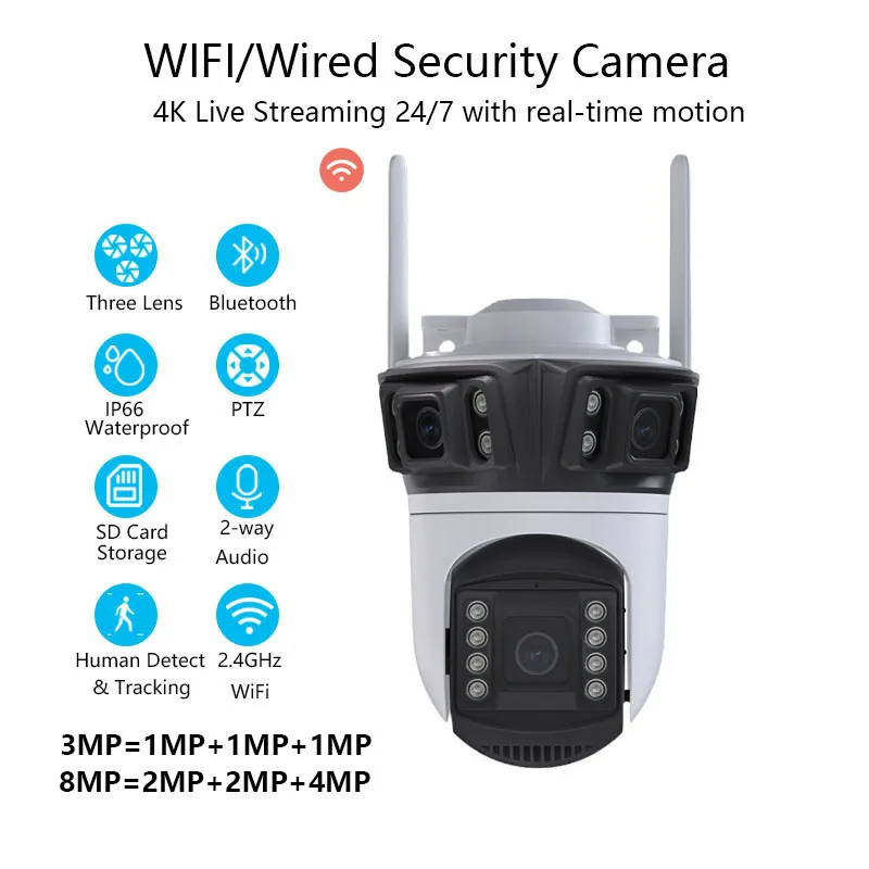

Wi-Fi, камера безопасности с тремя объективами, PTZ IP, камера наблюдения с 5-кратным зумом, трехэкранная защита, автоматическое отслеживание в реальном времени для дома