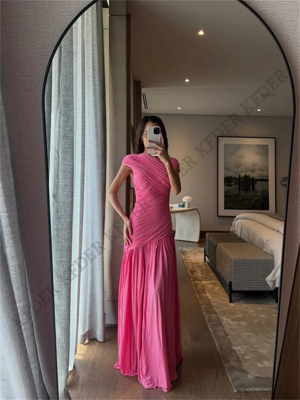 Charming Mermaid Evening Dresses Pink High Neck Cap Sleeves Pleats Maxi Prom Dress Sleeveless Party Dress Women Customized
