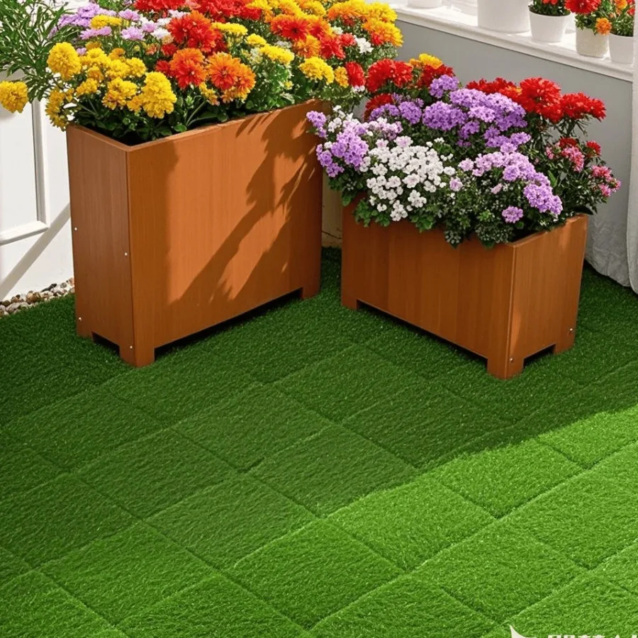 

Interlocking artificial grass tiles for patio, balcony, backyard use; PE+PP material; green color; durable, weather-resistant,