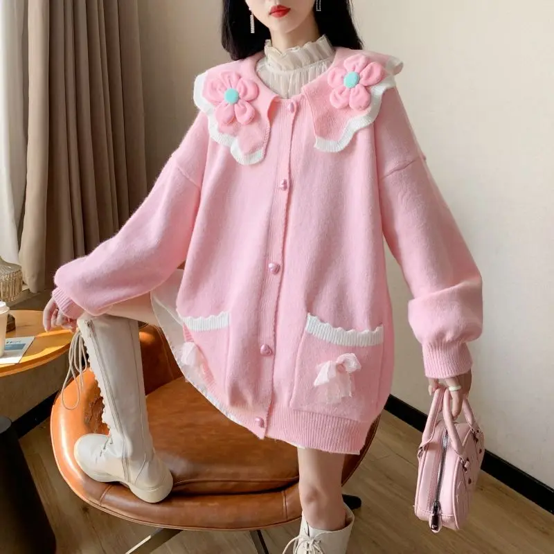 Loose Oversized Peter Pan Collar Knitting Cardigan Femme Spring Autumn New Lively Cute Sweater Coat Women Korean Pocket Top Tee