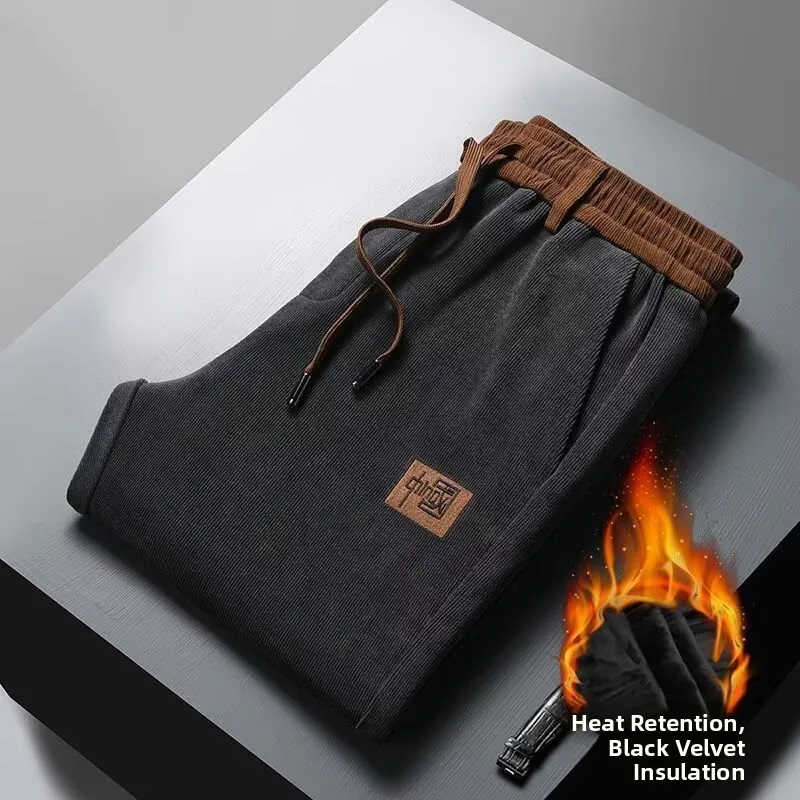 

Thiened Fce Men's Straight Leg Pants Winter Loose Cuffed Corduroy Sports Work Warm Sweatpants Bla Long Pants