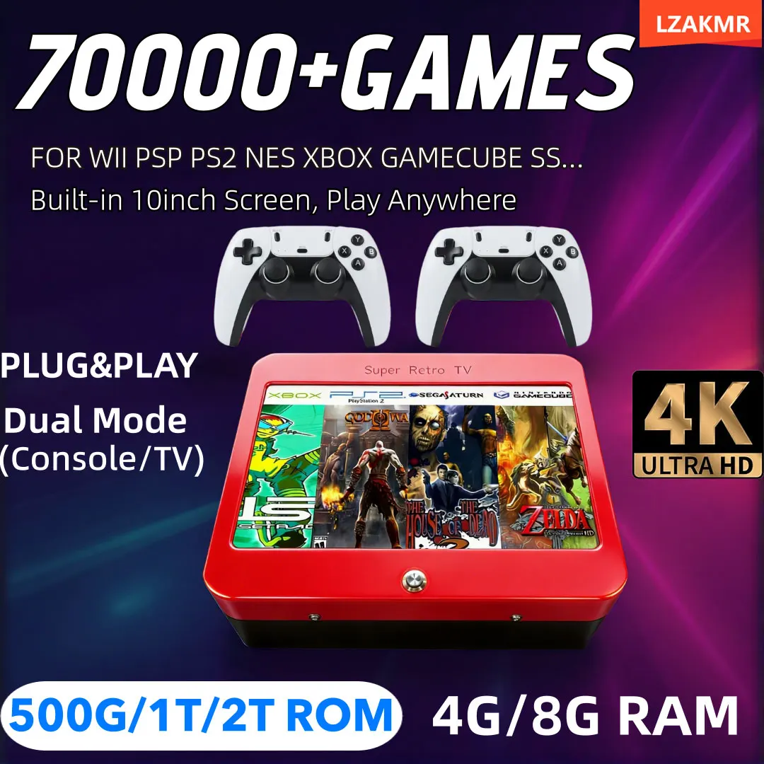 

Игровая консоль T1 со встроенными более 70000 играми, 10-дюймовым HD-экраном, поддержкой Plug&Play, более 60 эмуляторов для PS2/SS/NGC/WII, 500 ГБ/1 ТБ/2 ТБ ROM, 4 ГБ/8 ГБ RAM.