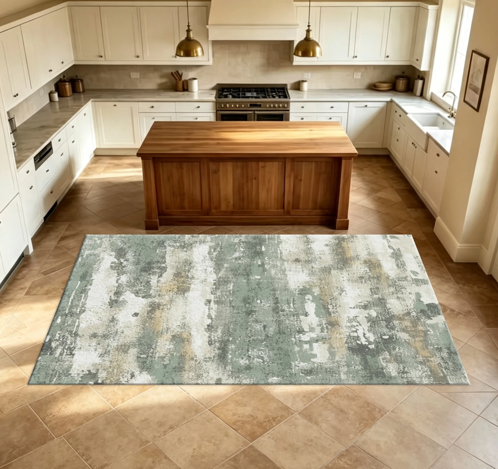 Vintage Distressed Brush Stroke Carpet Flooring Sage Green Beige Antique Worn-Texture Home Decoration Carpet For Indoor House