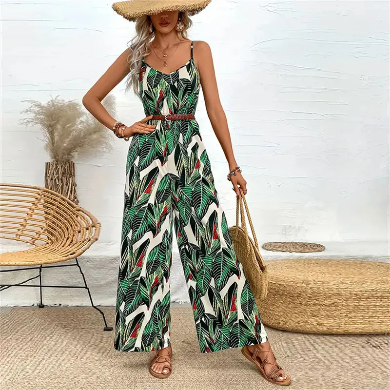 Summer Sexy Halter Print Women's Long Romper Fashion Drape Wide Leg Long Pants Elegant Female Beach Vacation Romper 2025