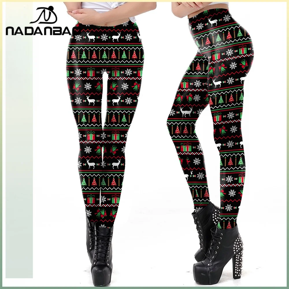 Nadanbao عيد الميلاد الغزلان الثلج نمط طماق المرأة السوداء عيد الميلاد السراويل الصيف مضحك السراويل الحفلات السيدات قيعان مرنة #2