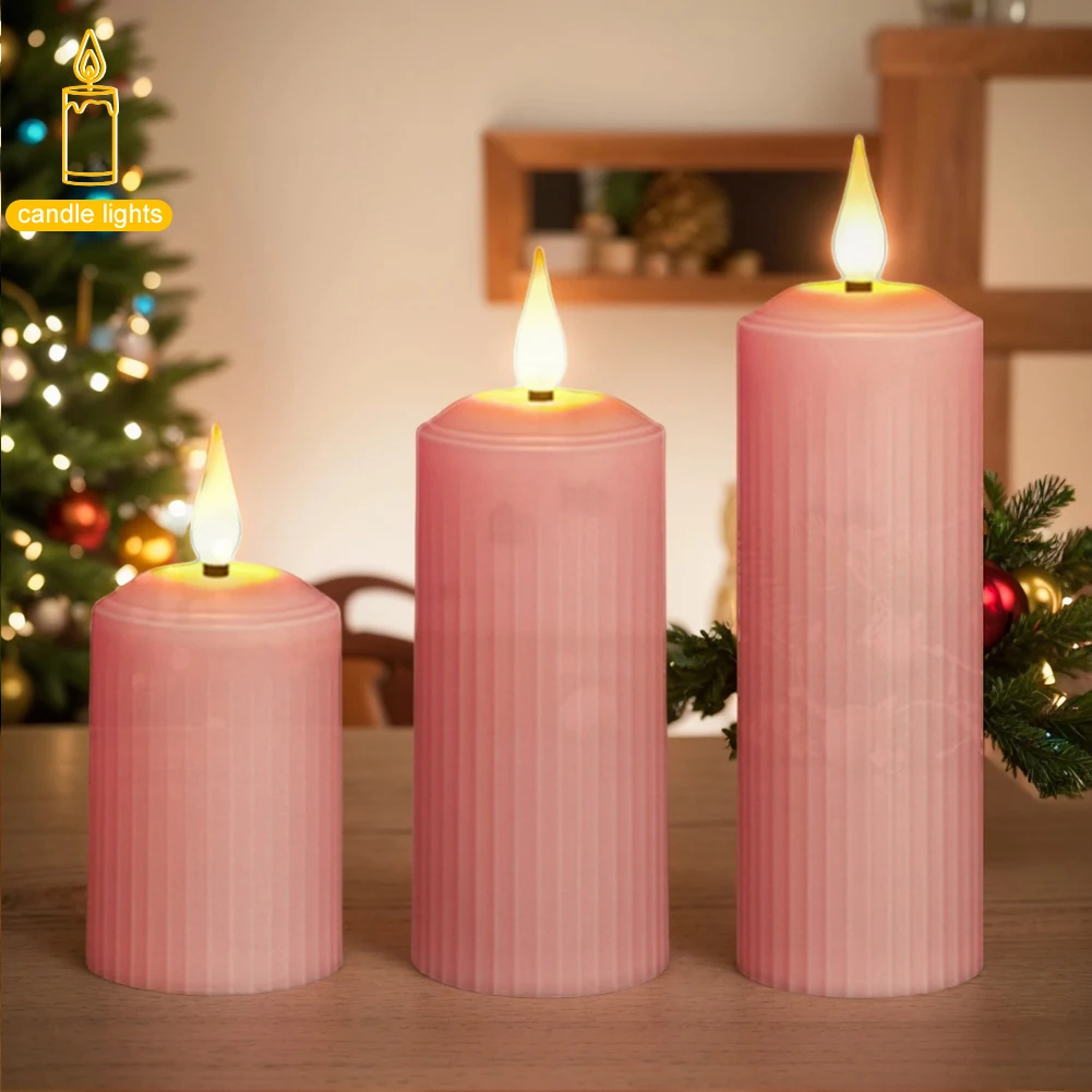 

3Pcs Pink Flameless Candle Timer Dimmable with Remote Control USB Rechargeable Flickering Electric Pillar Candles with USB Cable